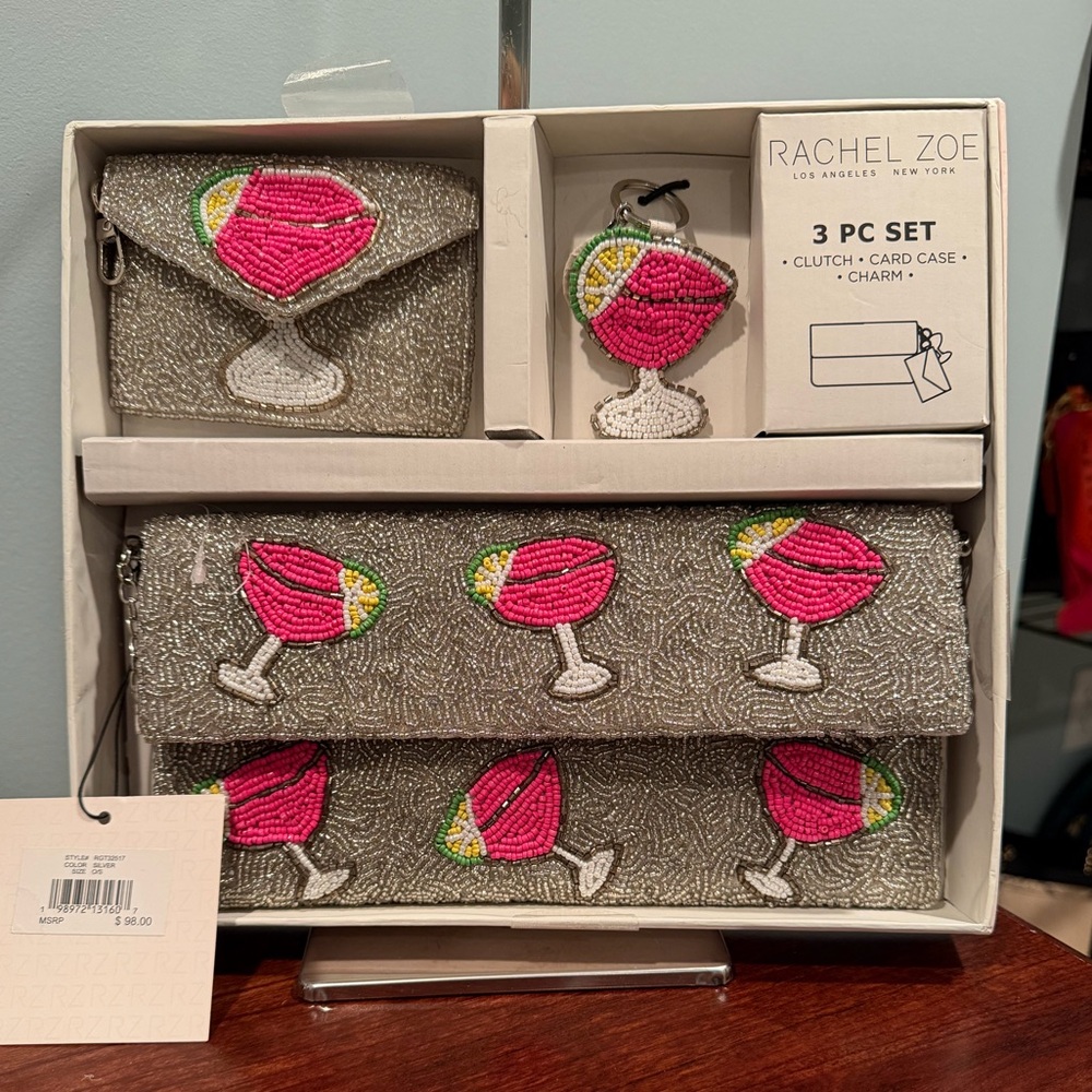 Rachel Zoe Beaded Clutch Set with Pink and Green Cocktail Design NWT